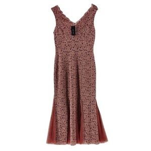 New Candalite Floral Lace Scallop Maxi Dress Gown Red Lurex Gold Metallic Size S